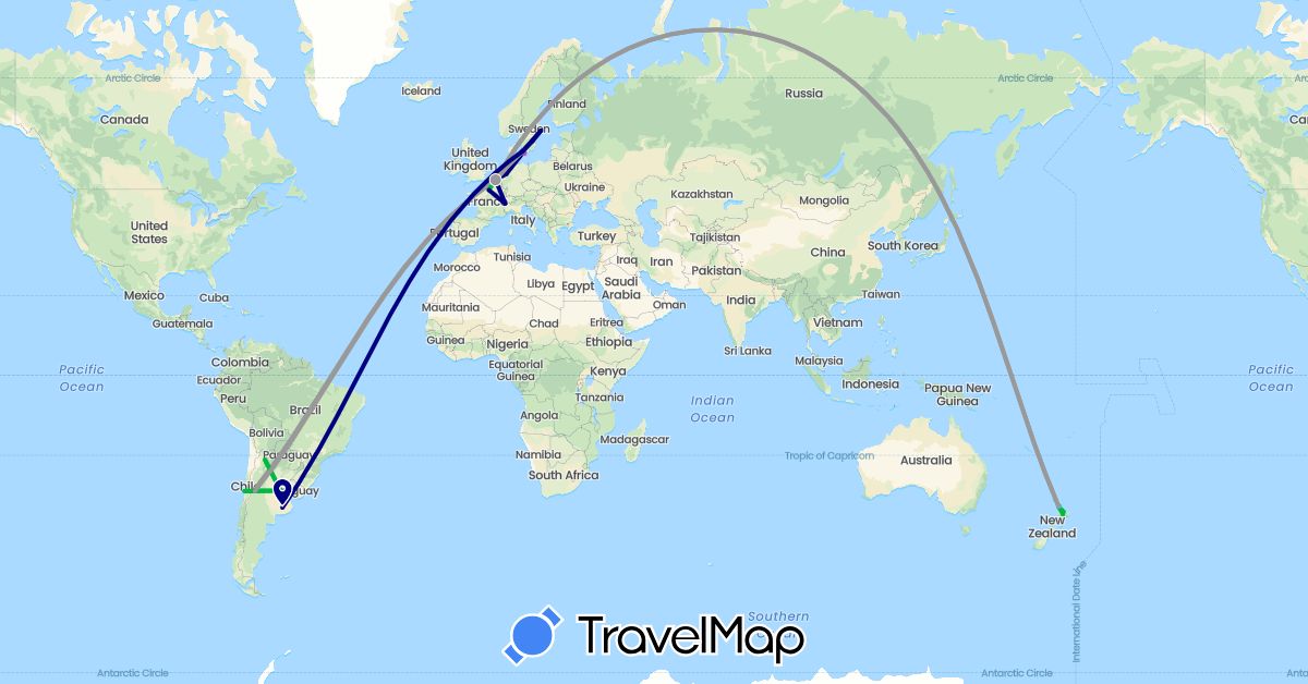 TravelMap itinerary: driving, bus, plane, train, boat in Argentina, Belgium, Switzerland, Chile, Germany, Denmark, France, New Zealand, Sweden (Europe, Oceania, South America)